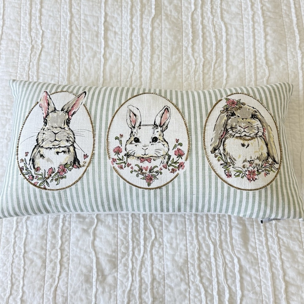 Bunny Tales Rabbit Throw Pillow Embroidered Beaded Spring Home Decor 12x24"